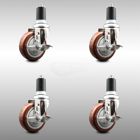 Service Caster 4 Inch 316SS Maroon Poly Swivel 1-5/8 Inch Expanding Stem Caster Set Brake SCC SCC-SS316EX20S414-PPUB-MRN-TLB-158-4